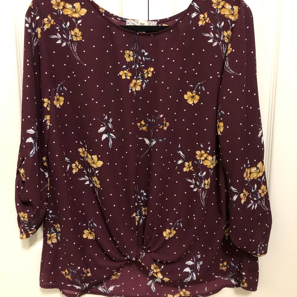 Pink Rose Floral Top With Long Sleeves, worn only once. Size (Lg)